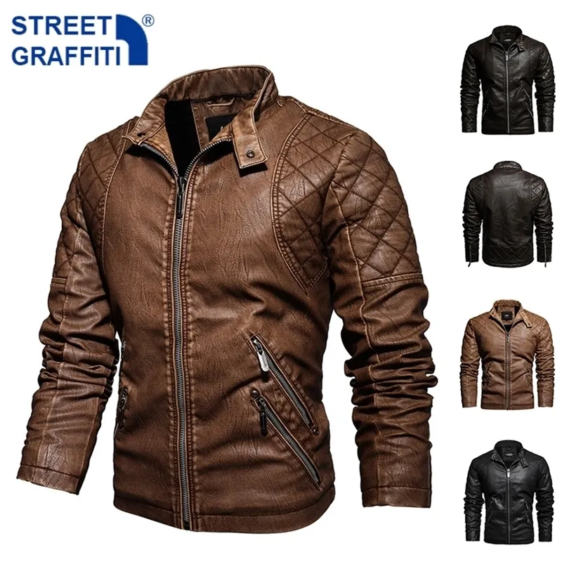 Mens couro falso de couro falsamente jaqueta de motocicleta outono inverno masculino de couro falso pu de couro casual bordado de bicicleta com zíper de lã 220909