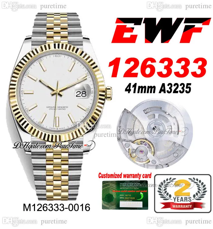 EWF Just 126333 A3235 Automatik-Herrenuhr 41, zweifarbige, geriffelte Lünette aus Gelbgold, silbernes Stick-Zifferblatt, JubileeSteel-Armband, Super Edition, Karte derselben Serie, Puretime I9