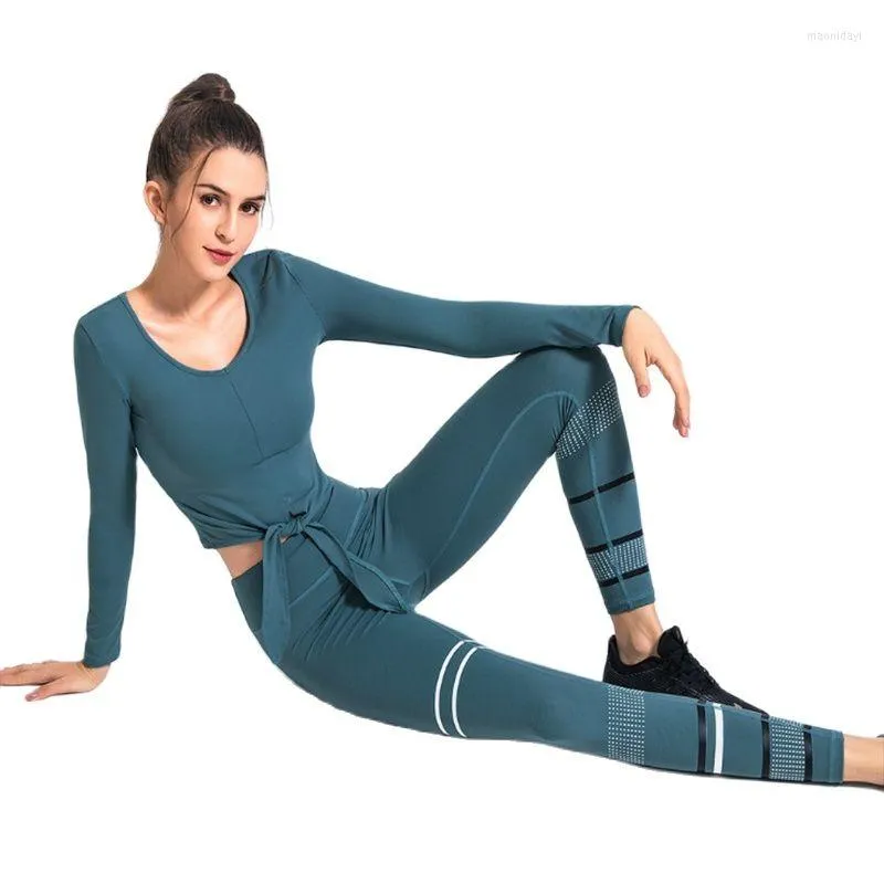 Active Sets Fall Long Sleeve Yoga Dress Set Stripe Lacing Quick Dry Running Print Ladies Fitness 2