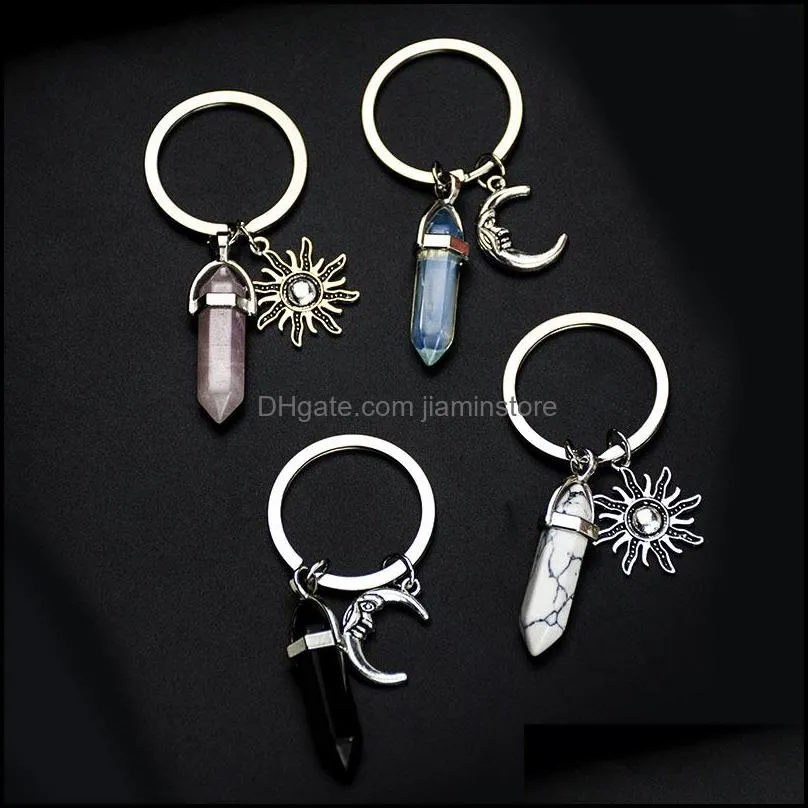 Keychains 합금 태양 달 참조 키 체인 자연스톤 육각형 기둥 커플 키어링 여성 장미 석영 열쇠 사슬 trinket 웨딩 DHQ4W