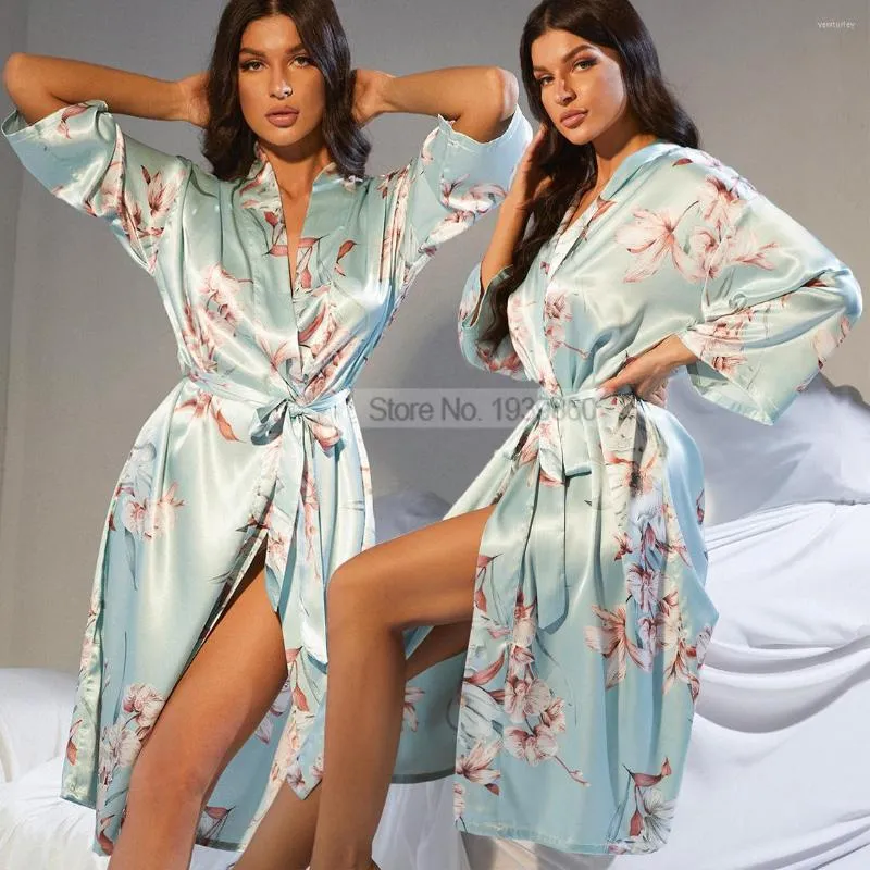 Kvinnors sömnkläder kimono mantel klänning med bälte tryck blomma kvinnor badrock nattklänning lös sexig v-ringning underkläder sommar hemförband