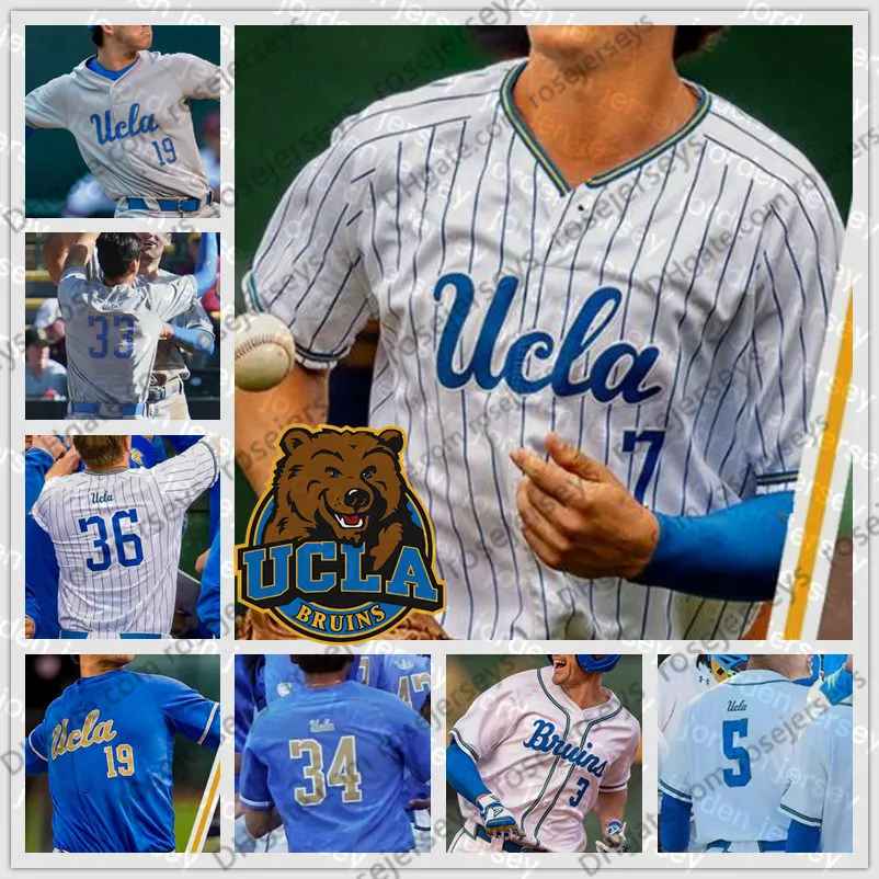 Новый колледж бейсбол носит NCAA UCLA #3 Брэндон Кроуфорд 7 Чейз Атли 12 Геррит Коул 42 Робинсон белый серый светло -голубой 2019 Retro College b
