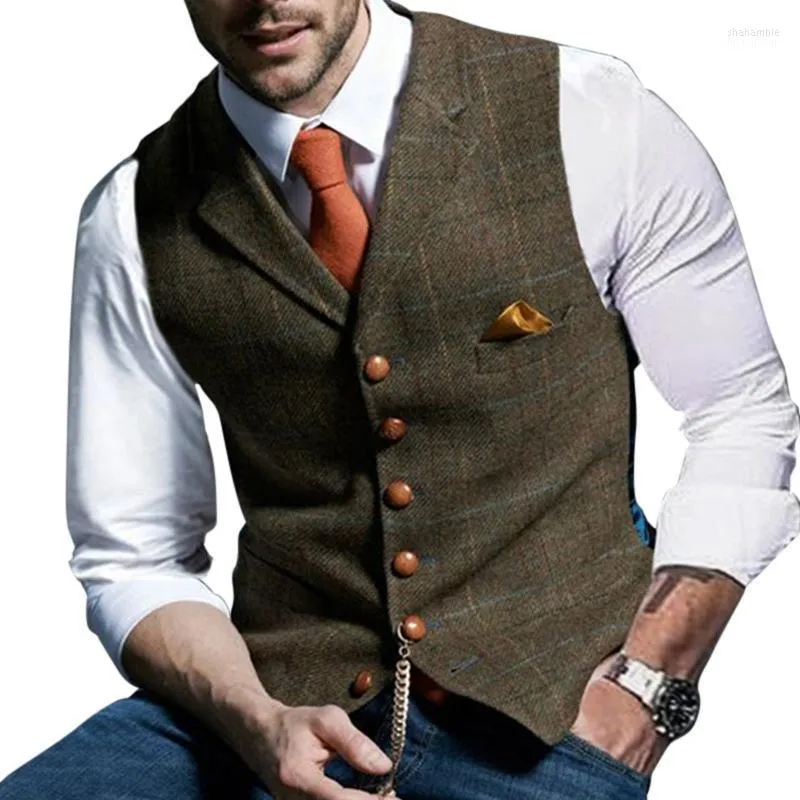 Men's Vests Mens Suit Vest Notched Plaid Wool Herringbone Tweed Waistcoat Casual Formal Business Groomman For Wedding
