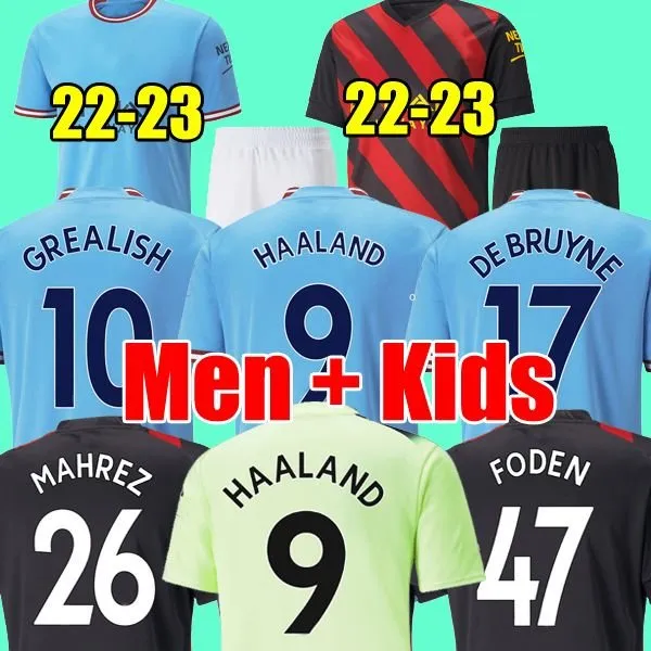 22 23 Jerseys de futebol de Haaland Greallish sterling mans cidades mahrez f￣s jogador vers￣o de Bruyne Foden 2022 2023 Tops de futebol camisa Kits Kit Sets Uniform Boys Catal Catal