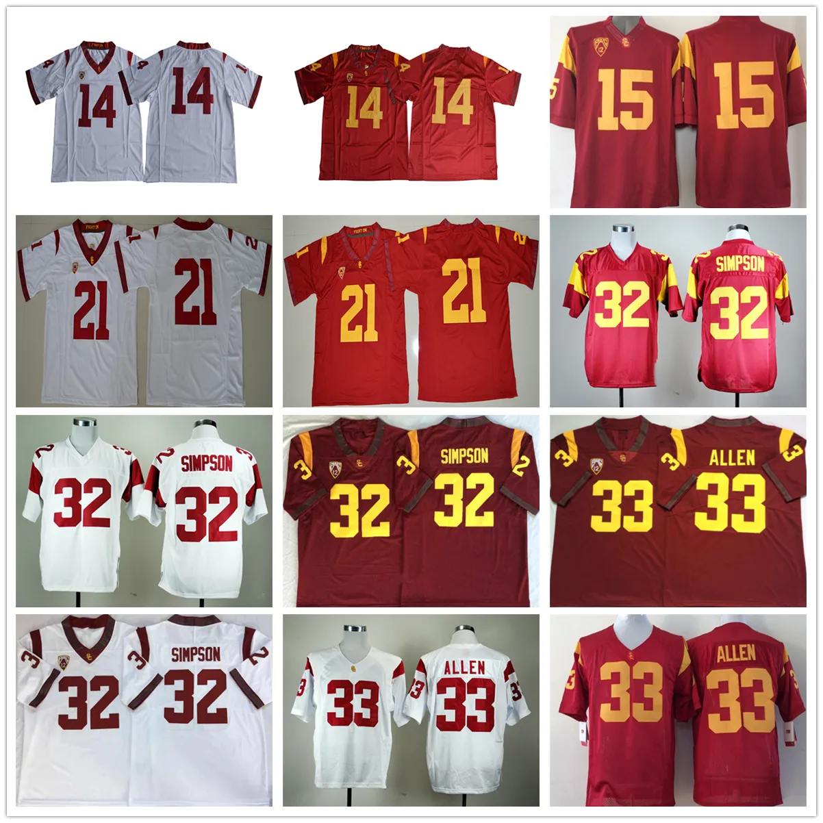 NCAA USC Truva Koleji Futbol Formaları 14 Sam Darnold 15 Michael Bowman 21 Adoree Jackson 32 O.J Simpson 33 Marcus Allen Jersey