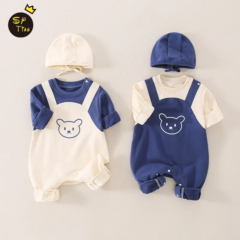 Overaller 0-12m f￶dd baby v￥rens h￶sten rompers Pure Solid Baby Boys Girls Cotton Soft Jumpsuits Gift Round Cap Leisure Kids Overall 220909