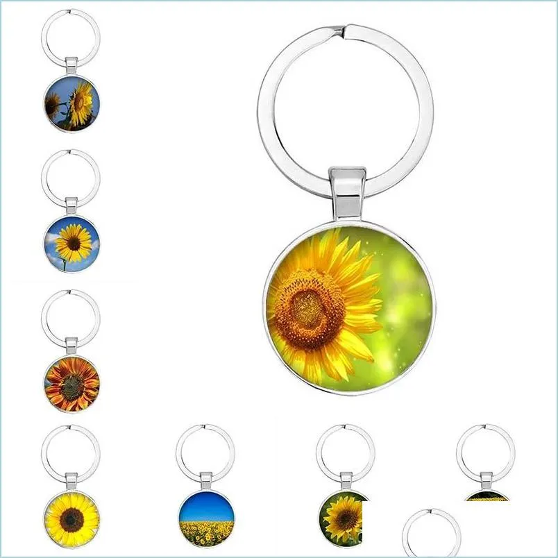 Keychains Sunflower Keychain Colorf Round Flower Image Car Key Chain Bag Charm Metal Ring Gift Female Girl Women Men Drop Delivery 20 Dhane