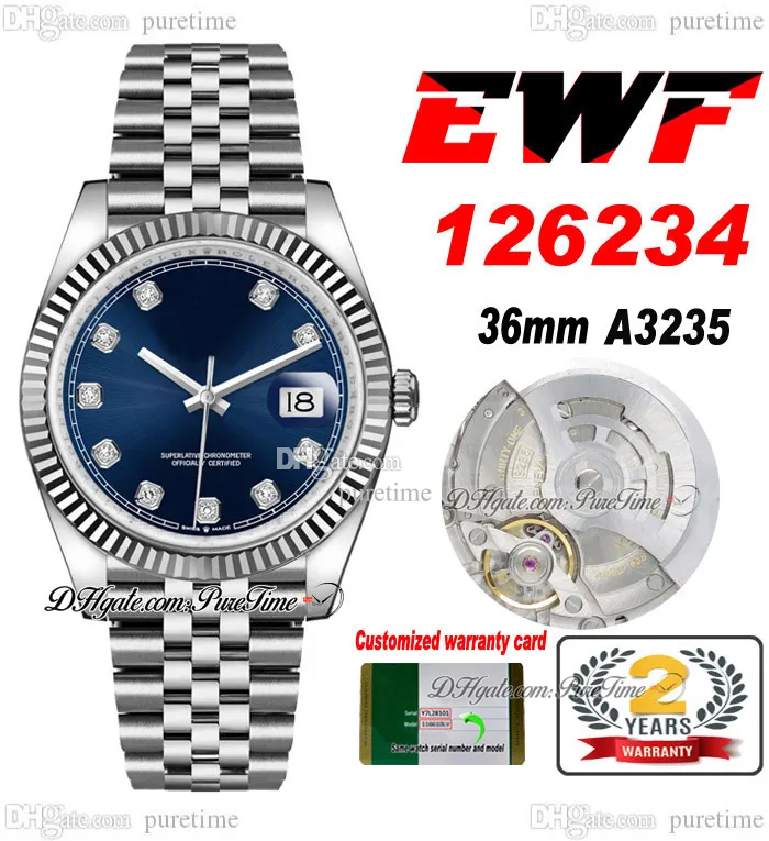 EWF Just 126234 A3235 Montre automatique unisexe pour homme et femme 36 mm avec lunette cannelée et diamants bleus Cadran JubileeSteel Bracelet Super Edition Same Series Card Puretime C3