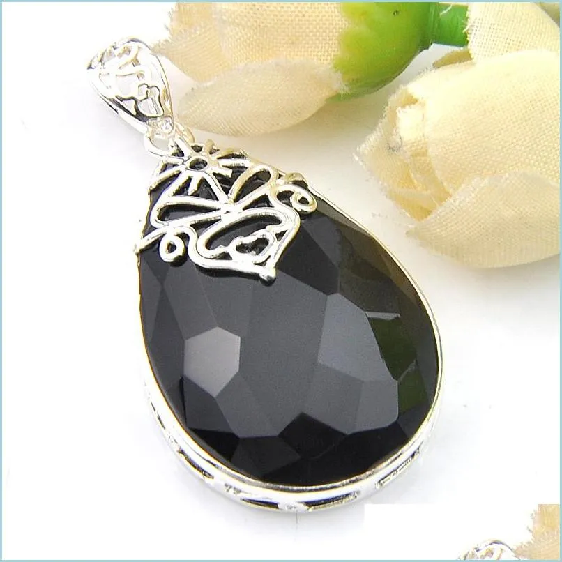 Pendant Necklaces 925 Sterling Sier Plated Huge Natural Black Onyx Water Drop Pendants For Woman Men Lovers Jewelry 1.58Inch Delivery Dhclo