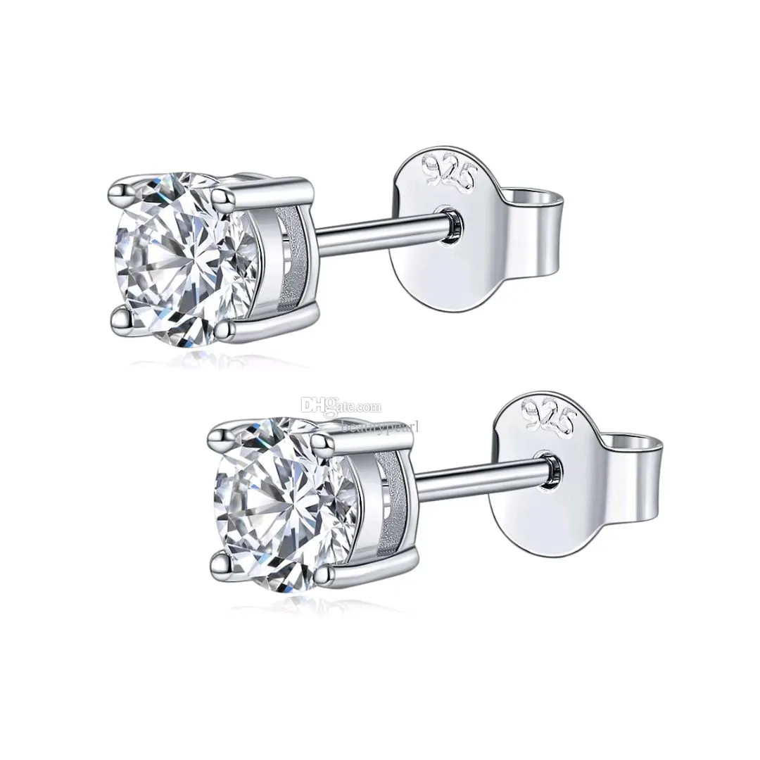 Boucles d'oreilles à tige en argent sterling, style classique, coupe ronde, pierres précieuses moissanite, 4 griffes