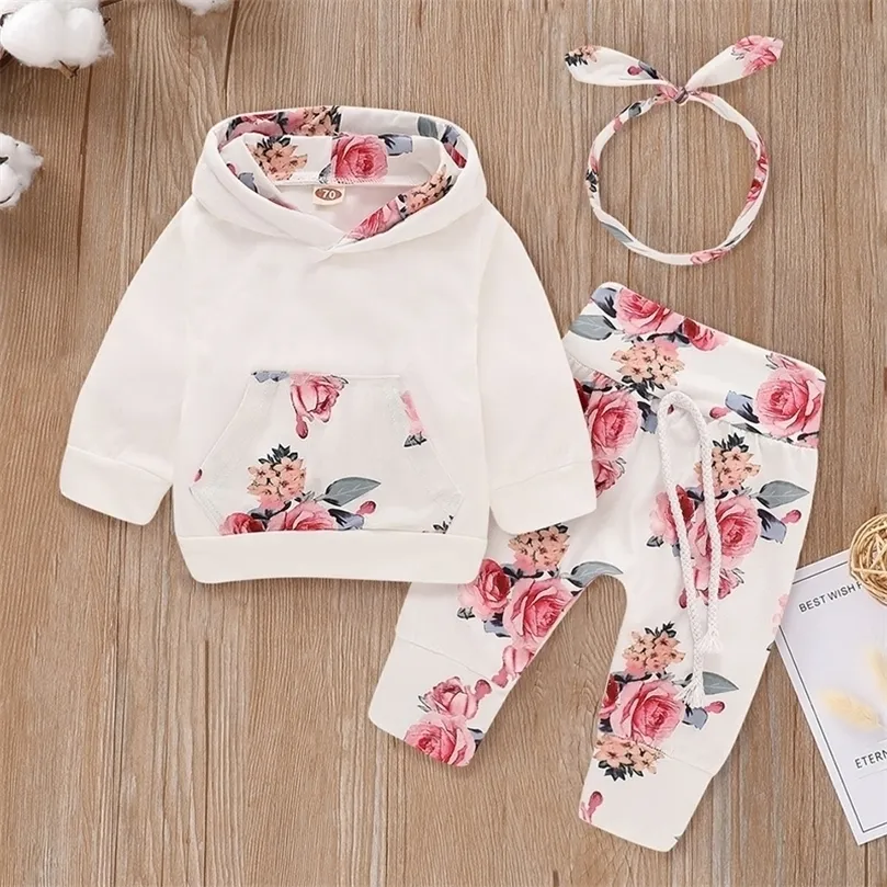 Roupas Conjuntos de roupas Hibobi Autumn Roupos de menina de menina 3pcs Floral Print Hoodie Sorto de moletom e equipamento de fita de cabeça 220909