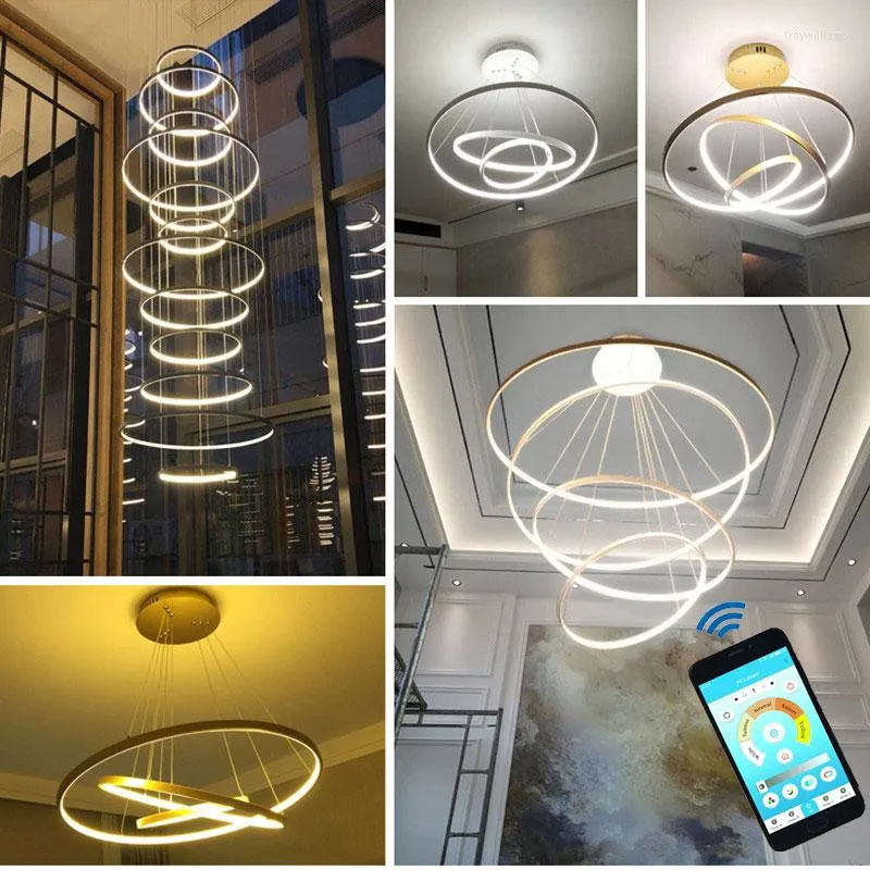 Lampes suspendues lumières modernes pour salon salle à manger cercle 6 anneaux acrylique aluminium lampe à LED Long escalier Villa Hall hall