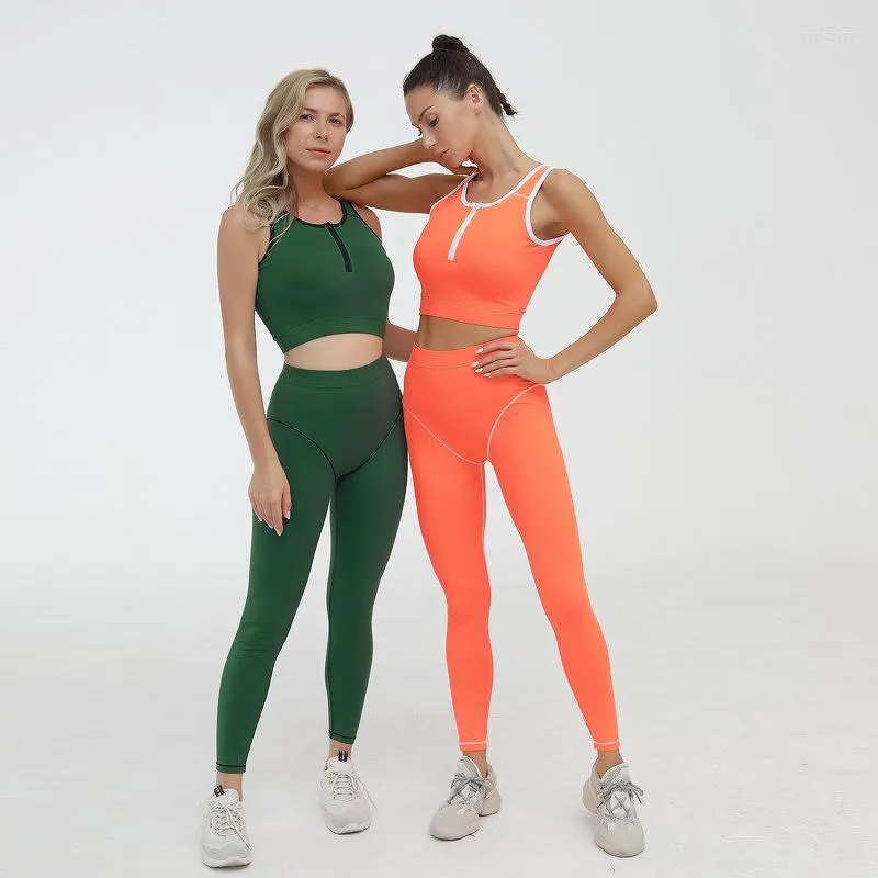 Gym kleding kleur contrast stiksel yoga suit sport fitness stuk lopende vrouwen set hoge taille naadloze sportpakken