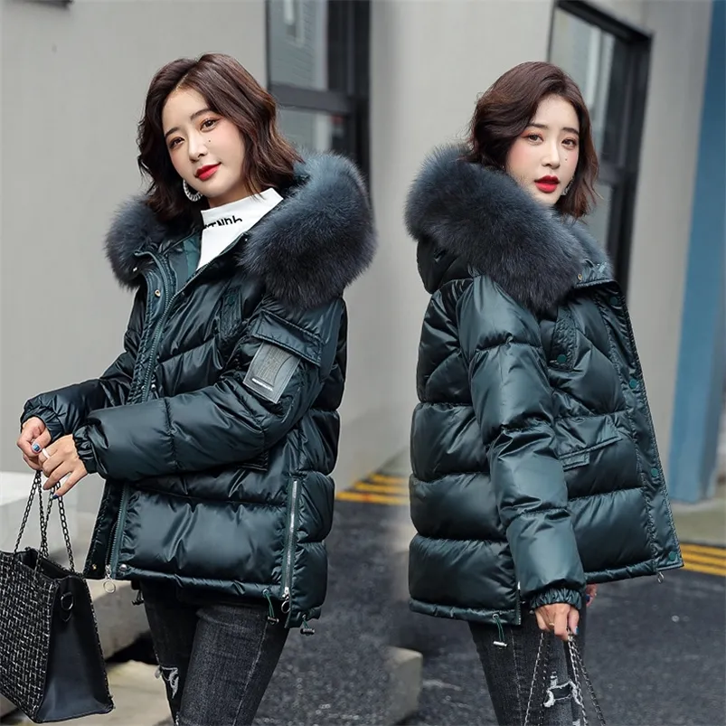 Kvinnor Down Parkas Big Fur Collar Jacket Winter Overcoat Bright Down Jacket For Women Coat Puffer Hooded 220909