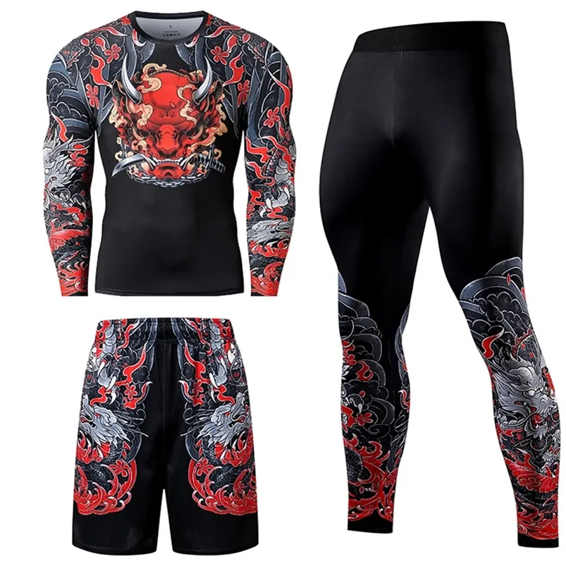 Herrspår 2/3st män Tracksuitkomprimering Set Workout Sportwear Gym Clothing Fitness Lång ärm tätt topp midja Leggings sportdräkter 220909