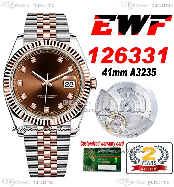 EWF Bara 126331 A3235 Automatisk herrklocka 41 Two Tone Rose Gold Fluted Bezel Brown Diamond Dial Jubileesteel Armband Super Edition Samma Series Card Puretime E5