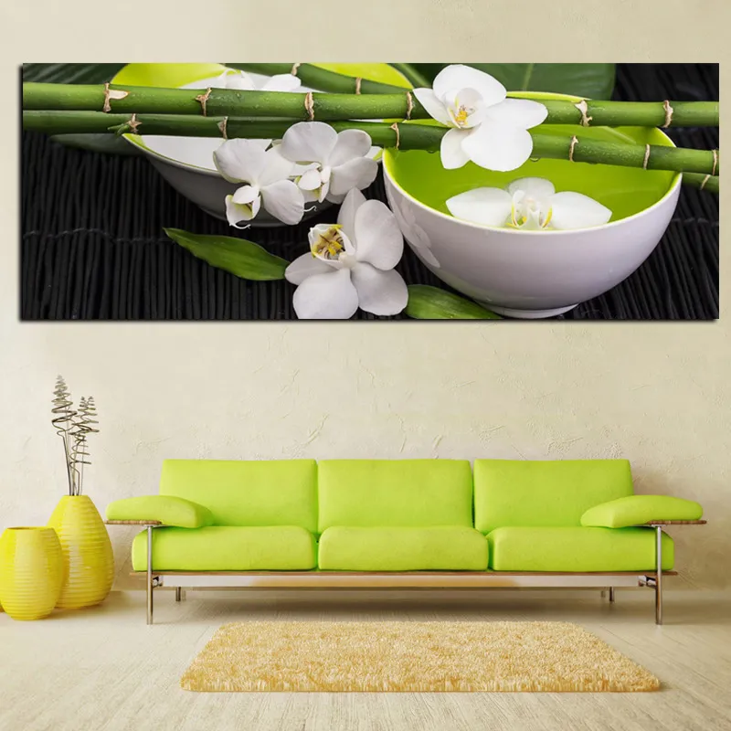 Peinture numérique HD imprimé nature morte en bambou blanc orchidée feng shui huile de paysage sur toile.