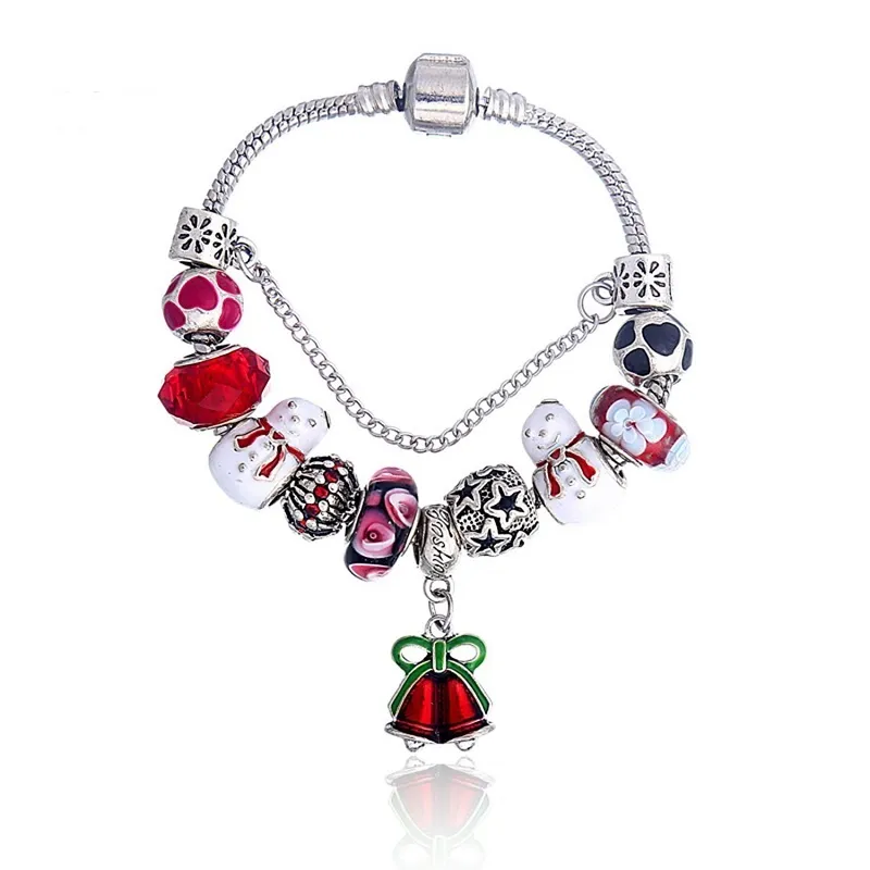 Passend für Pandora-Charm-Armbänder, 925er-Sterlingsilber, Murano-Glas, Schneemann, europäische Charm-Perlen, passend für Armbänder, Schleife, rote Emaille, Jingle Bell, baumelnder DIY-Schmuck