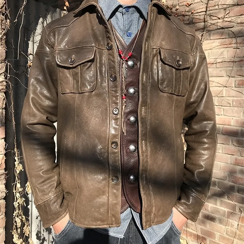 Men's Leather Faux . in Korea style vintage brown tanned sheepskin leather jacket.slim casUAl genuine coat 220909