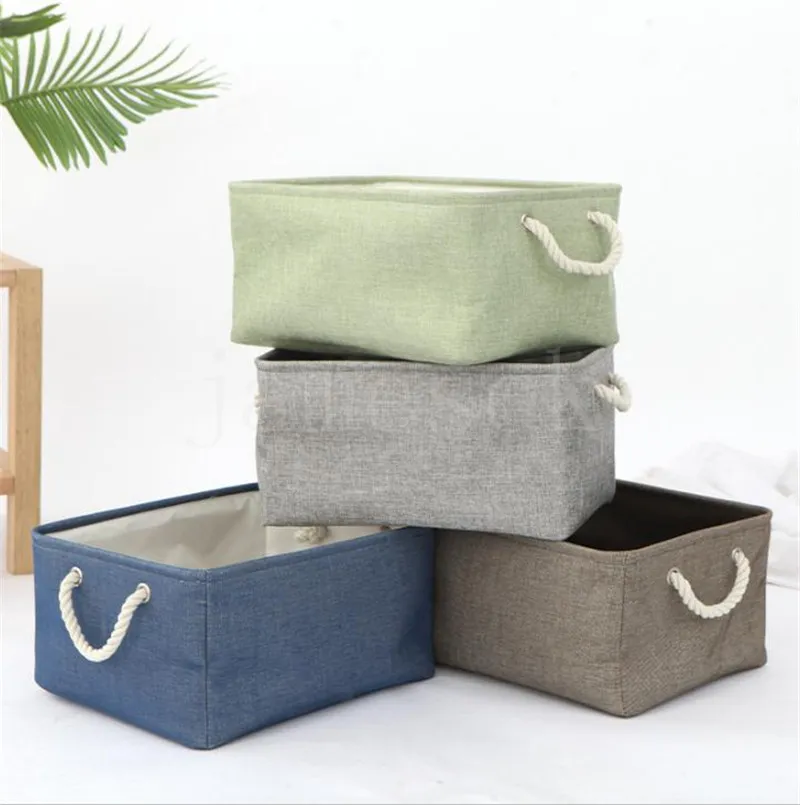 Solid color linen Sundries storage basket Folding fabric storage-basket Cotton linen storages sorting box de746