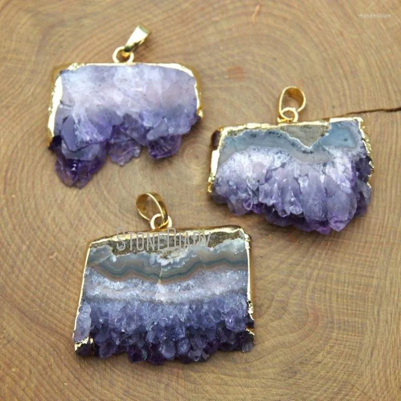 Collares colgantes PM10591 Raw Druzy Purple Amethyst Crystal Slice Cluster Joyería chapada en oro