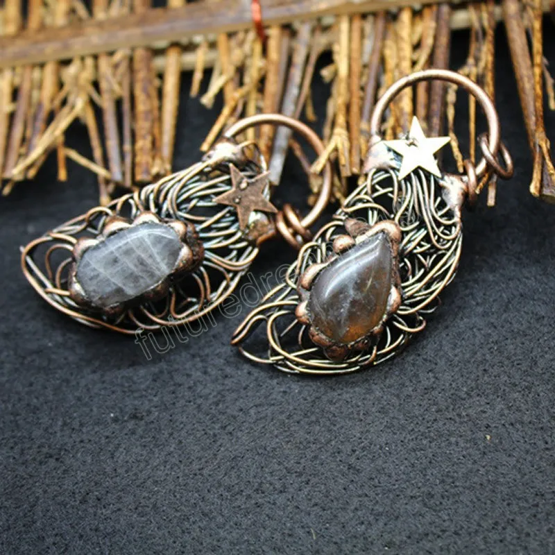 Long Natural Stone Quartz Necklace Antique Copper Wire Wrap Pendulum Big Labradorites Grey Moonstone Pendants Crystal Necklaces