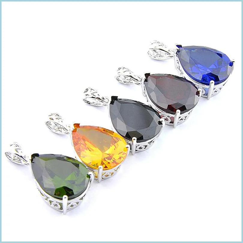 Pendant Necklaces Mix 5Pcs Rainbow New 925 Sterling Sier Teardrop Peridot Citrine Black Onyx Gemstone Necklaces Pendants For Lady Par Dho7V