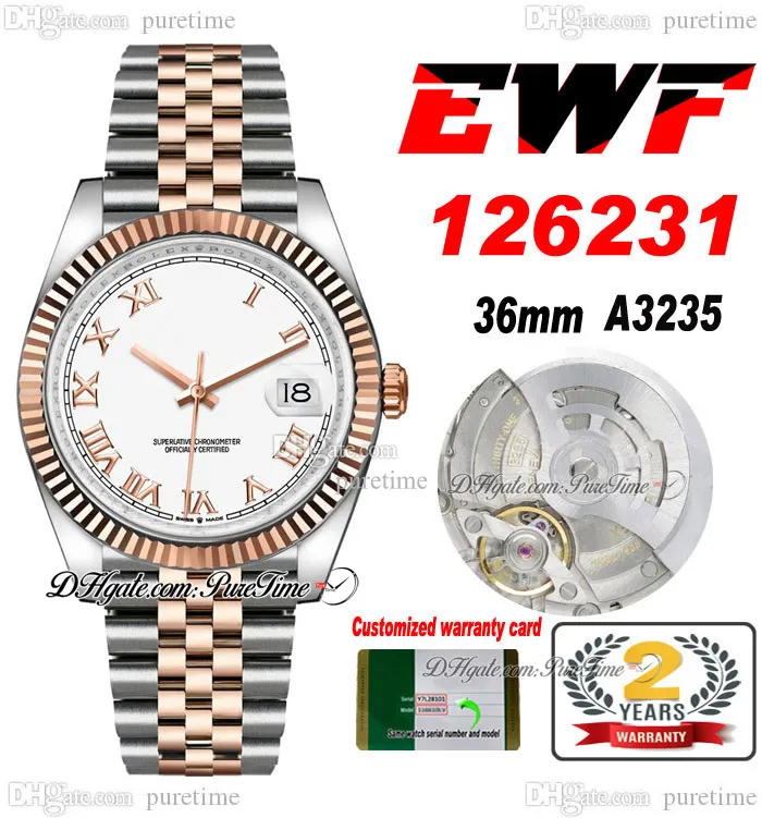 EWF Bara 126231 A3235 Automatisk unisex Watch Mens Ladies 36 Two Tone Rose Gold White Roman Dial Jubileesteel Armband Super Edition Samma Series Card Puretime F6
