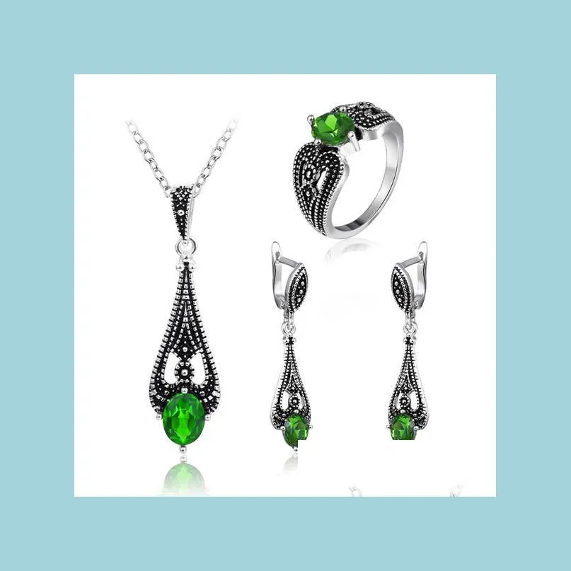 Düğün Takı Setleri Vintage Sier Green Quartz Yüzük Toynaklar Küpe Setleri Kadınlar İçin Setler 3 PCS Gelin Düğünleri Indian Rusya United Stat DHBCJ