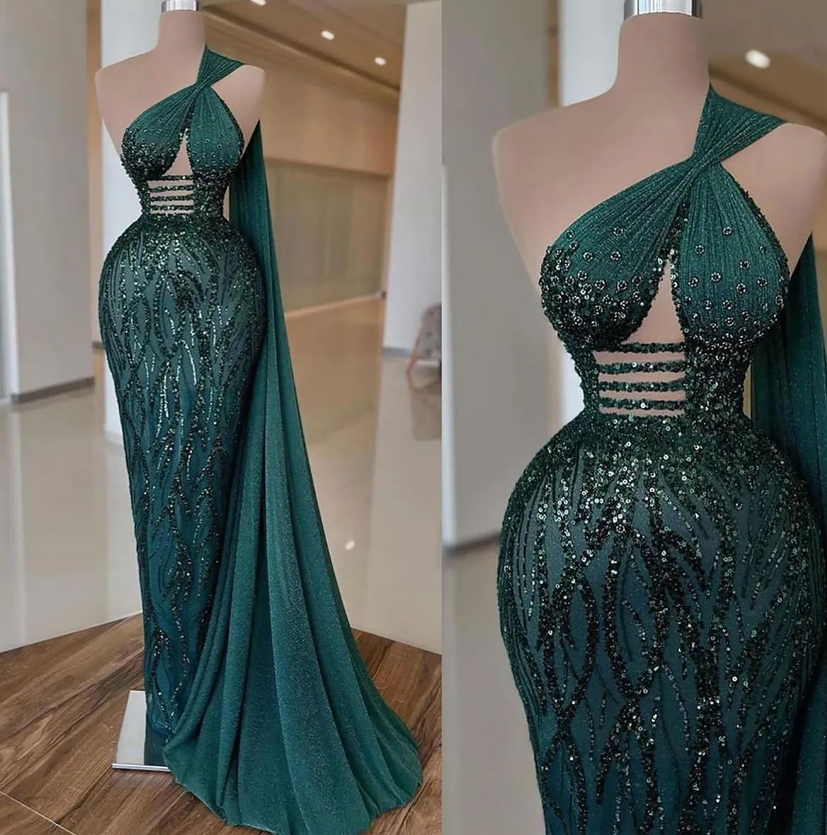 Classic Dark Green Prom Dresses Sequined One Shoulder Party Dresses Lace Sleeveless Custom Made Evening Dress