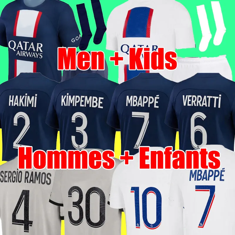 Speler 30 10 MBAPPE 7 voetbaltrui Hakimi Sergio Ramos Sanches PSGS 22 23 Maillots voetbalhirt 2022 2023 Men Kids Kit Sets Uniforme Enfants
