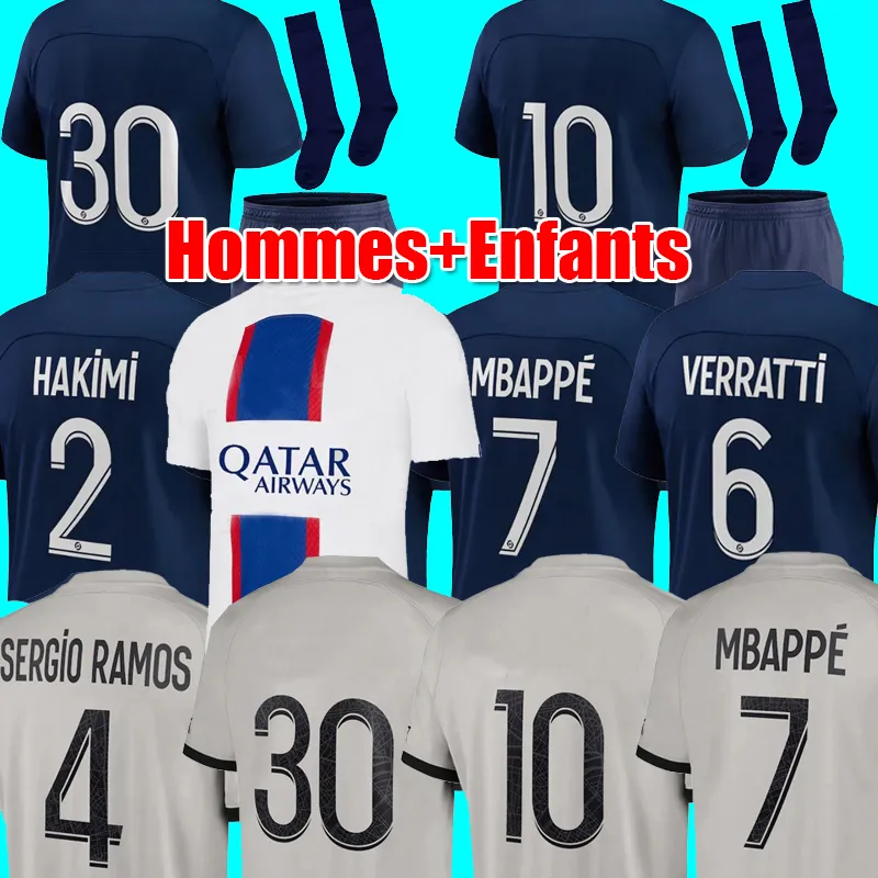لاعب 30 كرة القدم Jersey 10 Mbappe 7 Hakimi Sergio Ramos Wijnaldum PSGS 22 23 Maillots Football Shirt 2022 2023 Men Kids Kits مجموعات موحدة للنساء