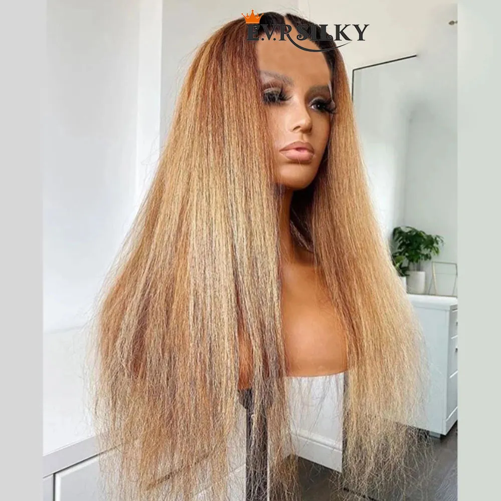 Ombre Honey Blonde Kinky Straight V Part Wigs Unprocessed 100% Human Hair Glueless Yaki Straight U Shape Wig Full End None Lace