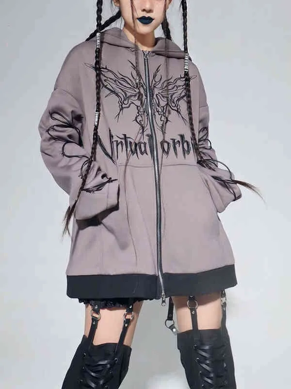 Women's Hoodies Sweatshirts hoodies women harajuku gothic Butterfly Pattern Letter Printed Hip Hop Coats Oversized Zipper Hooded Y2K Clothes Y220909