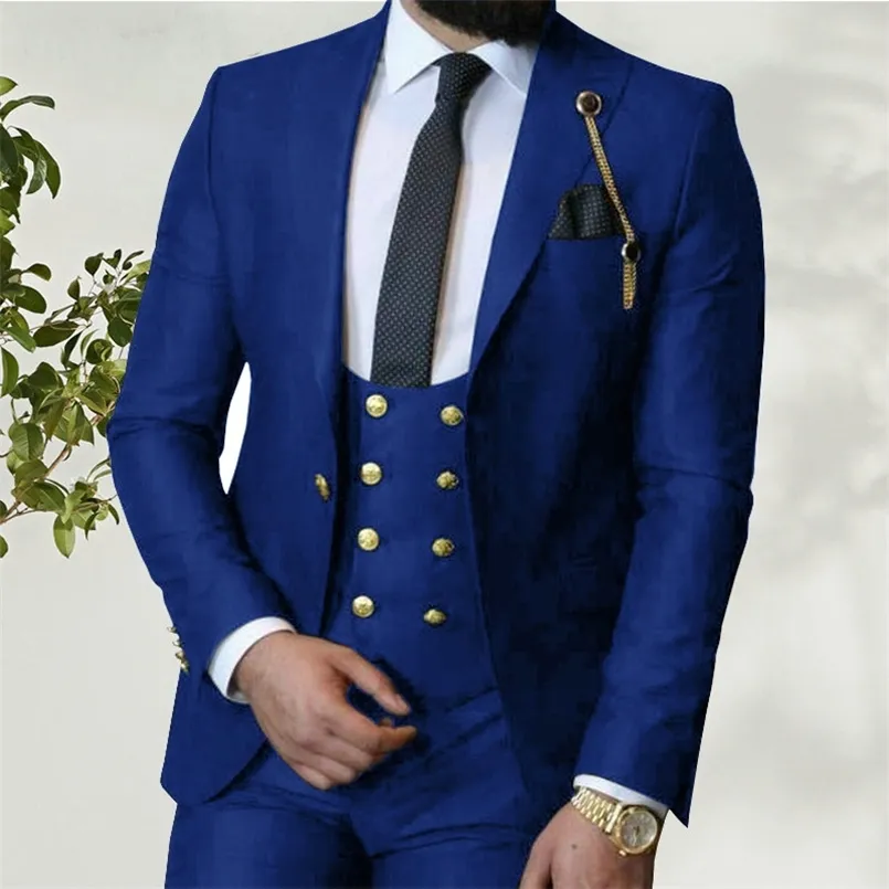 Trajes masculinos Blazers fantasia Homme Business Italian Business Slim Fit 3 Peças REAIS AZUL MENOS HOMENS PROM PROM TUXO