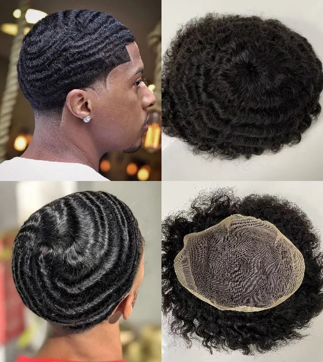 12mm Afro Wave Cheveux Humains Pièces 8x10 Full Lace Toupet Pour Hommes Noirs Couleur Noire Indien Vierge Remy Postiches Afro-Américain