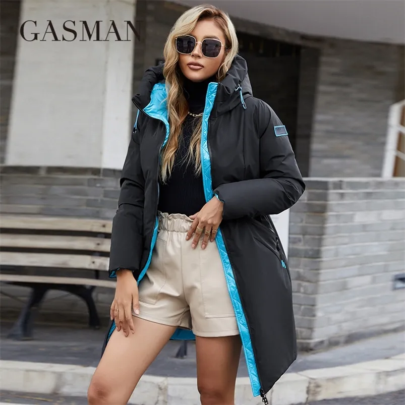 Kadınlar Down Parkas Gasman Kadınlar Down Ceketler Uzun Moda Günlük Kontrast Ceket Kadın Kış Drawstring Sıcak Rüzgar Parka Markası M-210 220909