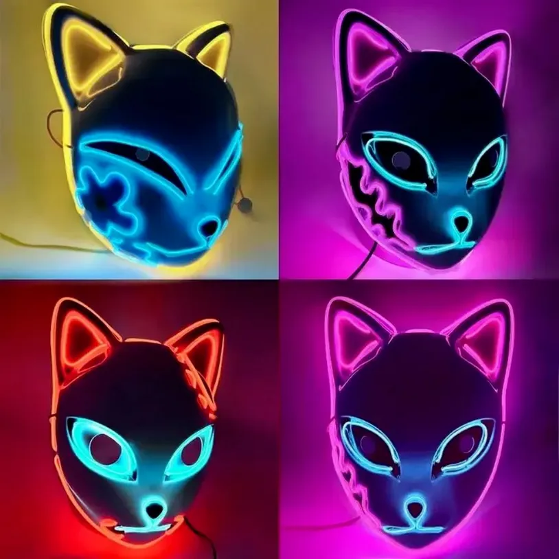LED GROWLENTE CACE FACE MASK EARTE Decora￧￣o Cool Cosplay Neon Slayer M￡scaras Fox para Presente de Anivers￡rio Carnival Party Masquerade 909