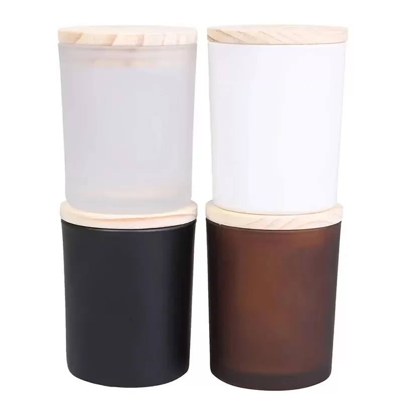 Modern frosted ceramic candle jars with wood