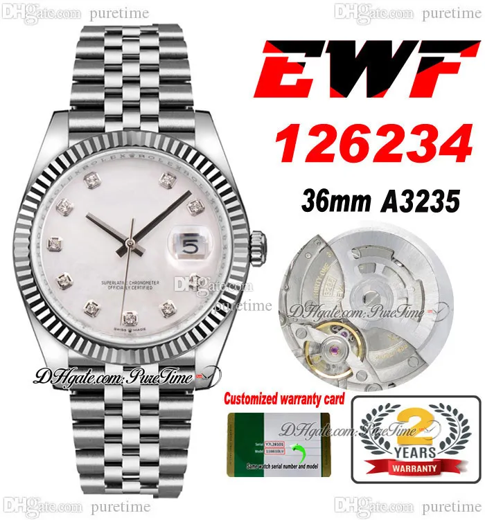 EWF Just 126234 A3235 Automatische Unisex-Uhr für Herren und Damen, 36 mm geriffelte Lünette, silbernes Diamanten-Zifferblatt, JubileeSteel-Armband, Super Edition, Karte der gleichen Serie, Puretime E5