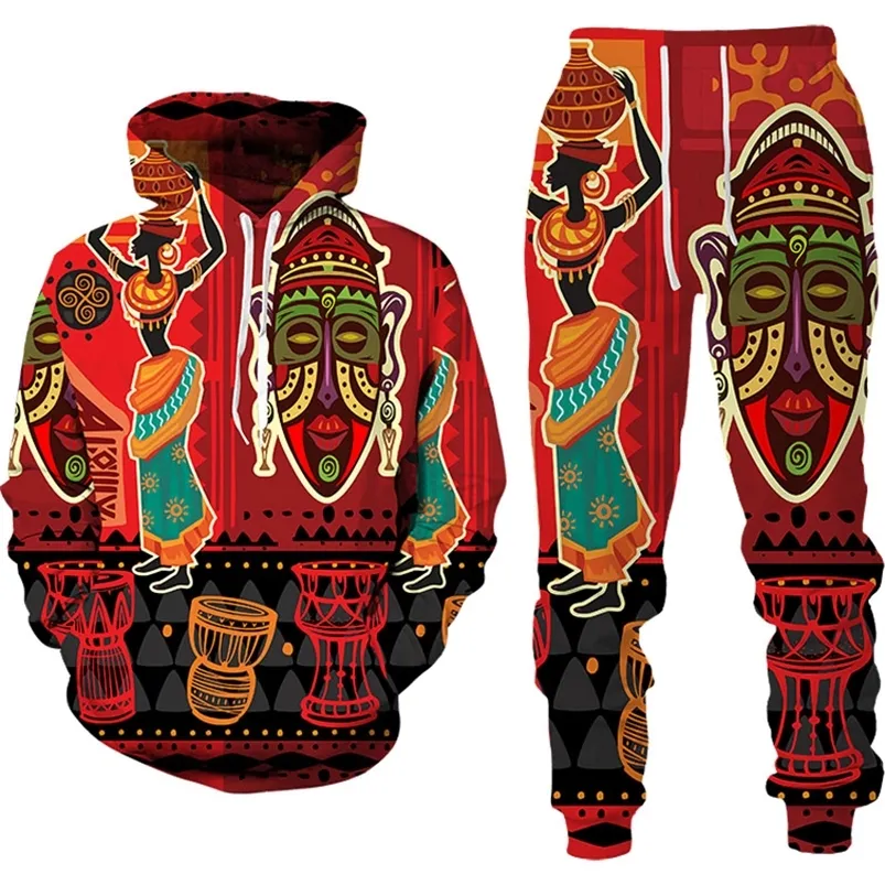 Tracksuits voor heren 3D Afrikaanse print Casual Men Trousers Suits paar Outfits Vintage Hip Hop HoodsPants mannelijke/vrouwelijke trainingspakset 220909