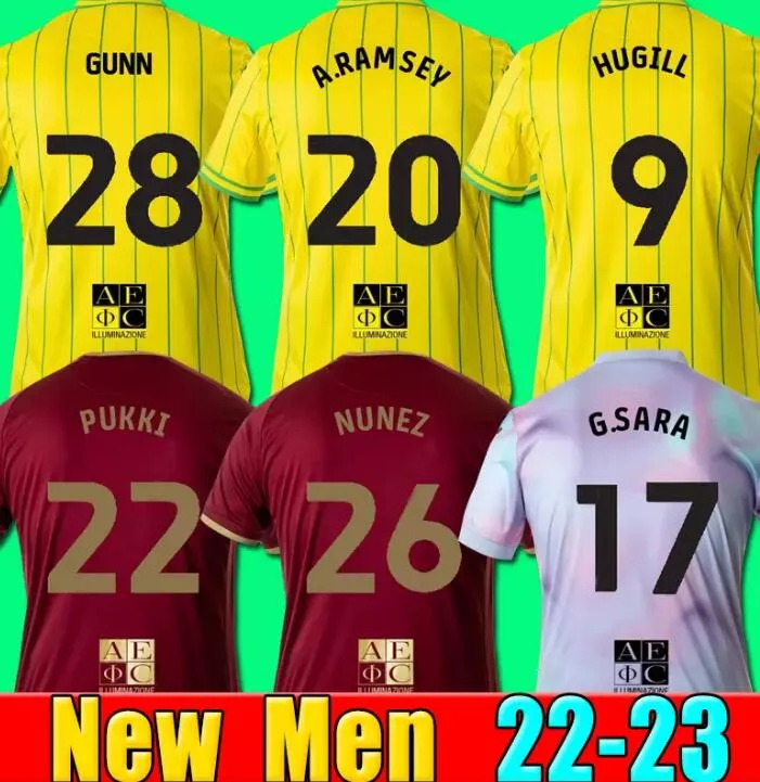 22 23 Pukki Soccer Jerseys Hugill Rashica 2022 2023 McLean Dowell Buendia Tzolis Sargent Home Yellow Away Red Third Men Kit Football Shirts Uniform