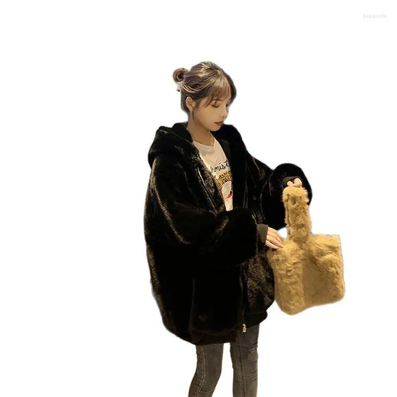 女性の毛皮2022womenミッドレングス模倣厚いフード付きコート冬の女性ルーズ韓国の細いぬいぐるみa1007
