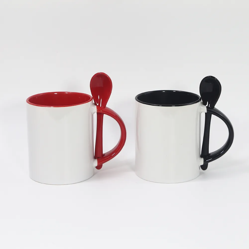 US warehouse 11oz sublimation Insert spoon ceramic mugs coffe mugs Pearlescent cup with white handle cups