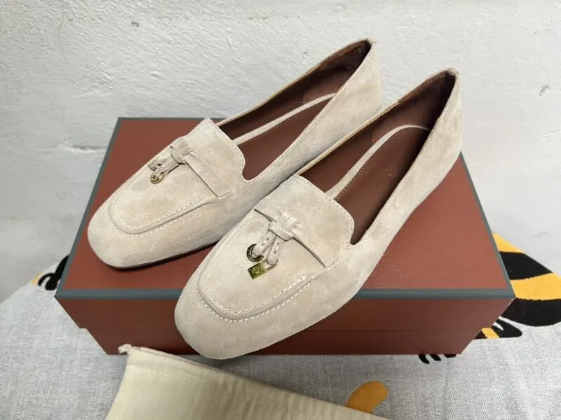 Realfine Dress Shoes 5A LoroPiana 5965 Summer Charms Walk Loafers Suede Shoe for Women Size 34-42