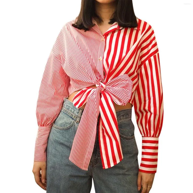 Blouses Femmes 2022 Stripe / Polka Dot Patchwork Noué Femmes Chemise À Manches Longues Col Rabattu Bandage Blouse Vacances Casual Crop Top