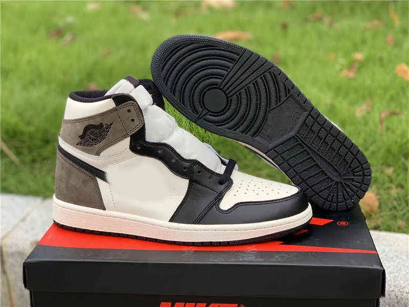 Mens Leather Jumpman 1 High OG Dark Mocha Sail Sneakers In Black