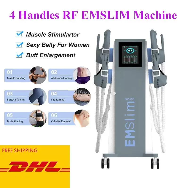 Direkteffekt Emslim Body Slant Viktminskning Maskin Hiemt Elektromagnetisk muskelbyggnad RF Skin ￥tdragning Sk￶nhetsutrustning med RF 4 -handtag och s￤te