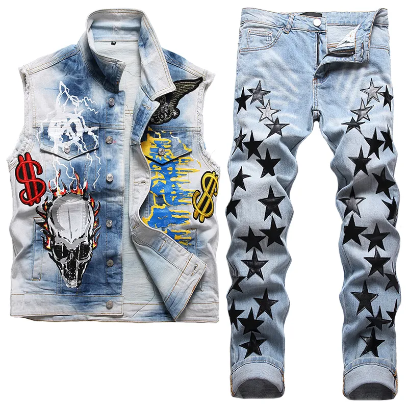 Conjuntos retrô masculinos de motocicleta, emblema de rock, colete jeans bordado, pentagrama, jeans elástico, moda verão, 2 peças, roupas masculinas