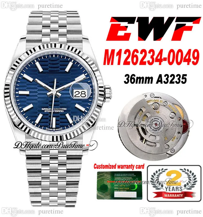 EWF Just 126234 A3235 Automatic Unisex Watch Mens Ladies 36mm Bright Blue Fluted Dial Stick Markers JubileeSteel Bracelet Super Edition Same Series Card Puretime D4